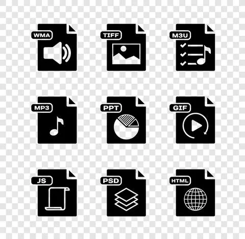Set WMA file document, TIFF, M3U, JS, PSD, HTML, MP3 and PPT icon. Vector Stock Illustration