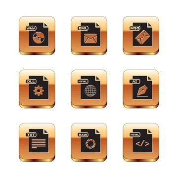 Set WMA file document, TXT, RAW, HTML, DLL, MSG, and EML icon. Vector Stock Illustration