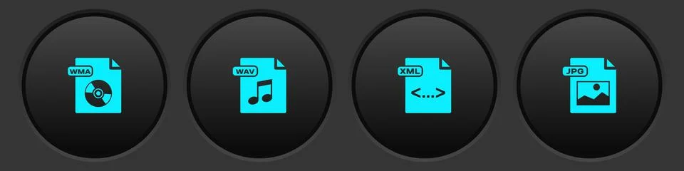 Set WMA file document, WAV, XML and JPG icon. Vector Illustrazione stock