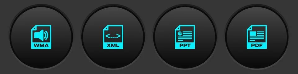 Set WMA file document, XML, PPT and PDF icon. Vector Stock Illustration