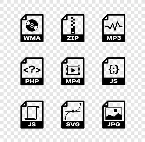 Set WMA file document, ZIP, MP3, JS, SVG and JPG icon. Vector Stock Illustration