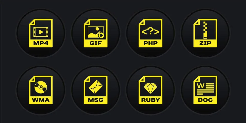 Set WMA file document, ZIP, MSG, RUBY, PHP and GIF icon. Vector 库存插图