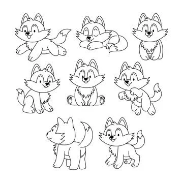 Set of wolf doodle collection, wolf outline coloring page or book animals f.. Stock Illustration