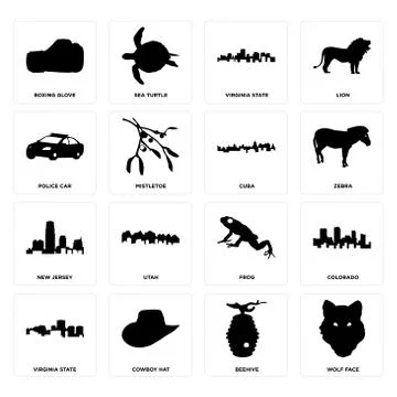 Set of wolf face, beehive, virginia state, frog, new jersey, cuba, police car Free Stock Illustration
