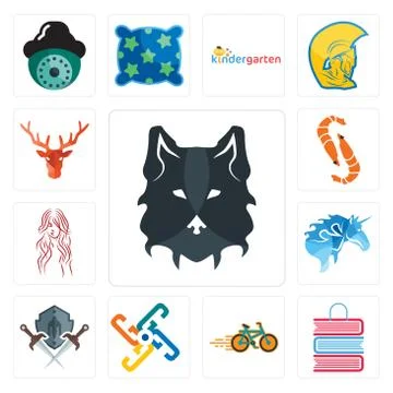 Set of wolf face, book shop, bike generic, shield and sword, , long hair, shr Free Stock Illustration