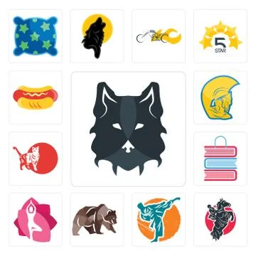 Set of wolf face, equestrian, martial arts, grizzly bear, yoga studio, book s Illustrazione stock gratuita