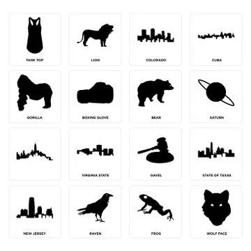 Set of wolf face, frog, new jersey, gavel, , bear, gorilla, colorado, tank to Free Stock Illustration