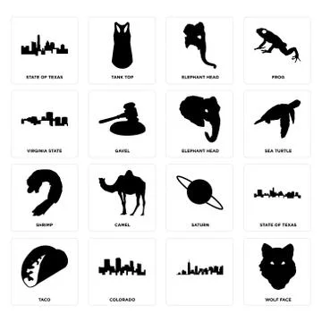 Set of wolf face, , taco, saturn, shrimp, elephant head, virginia state, stat Free Stock Illustration