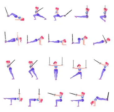 Set of woman doing different exercises with gymnastic rings TRX Stock-Illustration
