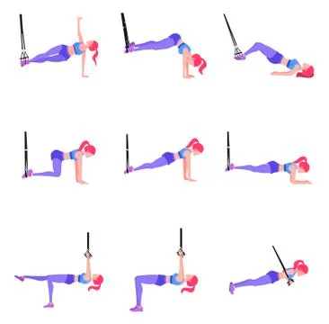 Set of woman doing different exercises with gymnastic rings TRX Stock Illustration