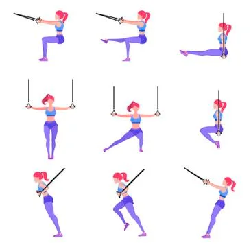 Set of woman doing different exercises with gymnastic rings TRX Stock-Illustration