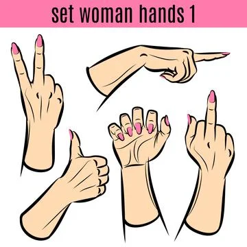 Set of woman hands in various gestures. Vector illustrations. Stock Illustration