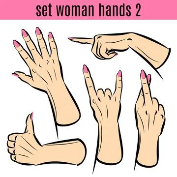 Set of woman hands in various gestures. Vector illustrations. Stock Illustration