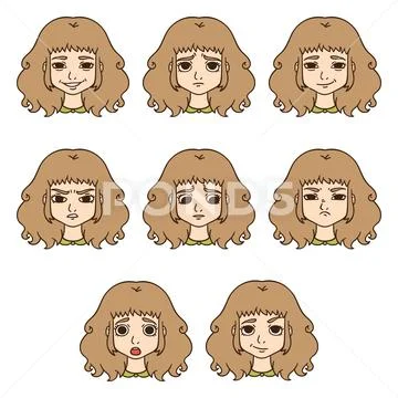 Set of woman's emotions. Facial expression. Stock Illustration