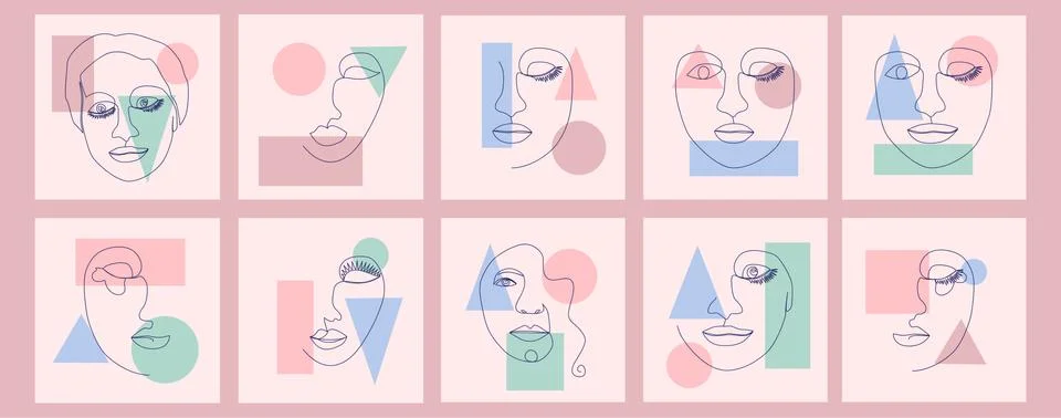 Set of Woman's Face continuous Line art. Abstract Contemporary collage of geo Illustrazione stock