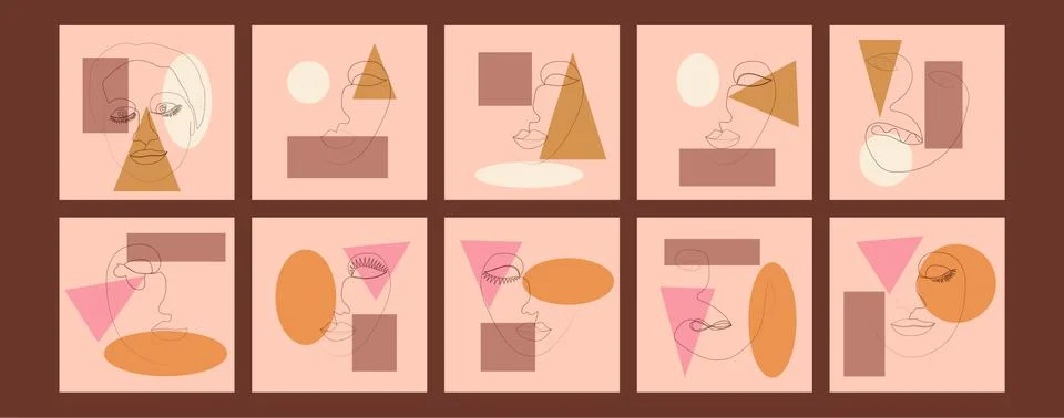 Set of Woman's Face continuous Line art. Abstract Contemporary collage of geo Illustrazione stock