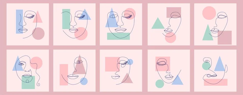 Set of Woman's Face continuous Line art. Abstract Contemporary collage of geo Illustrazione stock