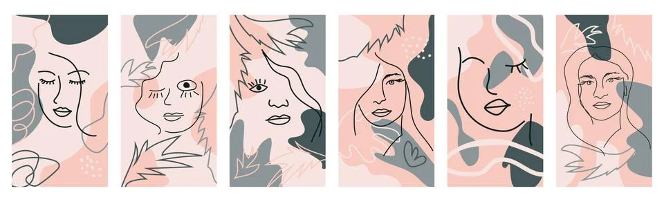 Set of Woman's Face continuous Line art. Abstract Contemporary collage of geo 스톡 일러스트