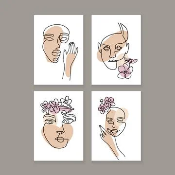 Set of Woman's Face continuous one Line art. A3 poster. Abstract Contemporary Stock Illustration