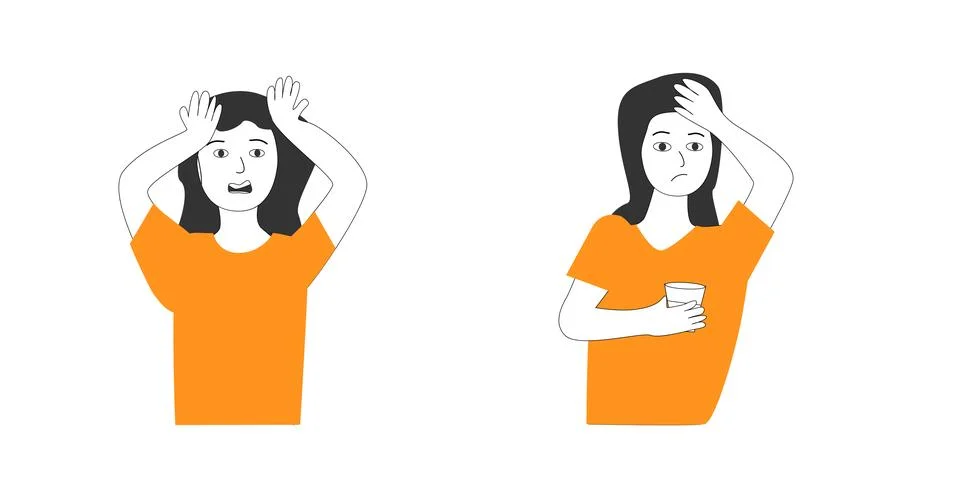 Set of womans with a headache, flat style outline Stock Illustration