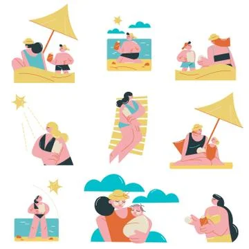 Set of women with children using sunscreen for sun protection on beach Stock Illustration