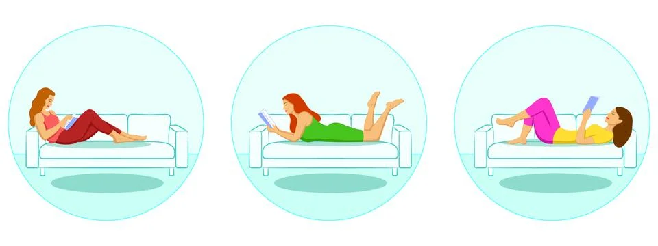 Set of women reading while lying on the sofa and relaxing Stock Illustration
