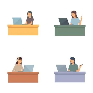 Set of women at workstations using laptops Stock Illustration