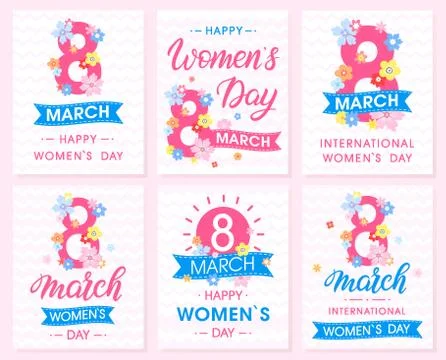 Set of Women`s Day creative cards with ribbons and different flowers .Seasons Stock Illustration