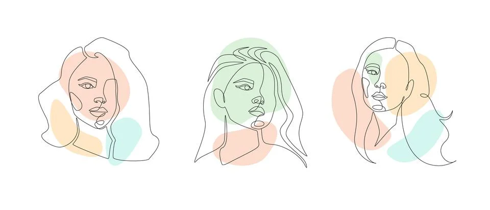 Set of Womens faces one continuous line drawing. Minimalist abstract female Stock Illustration