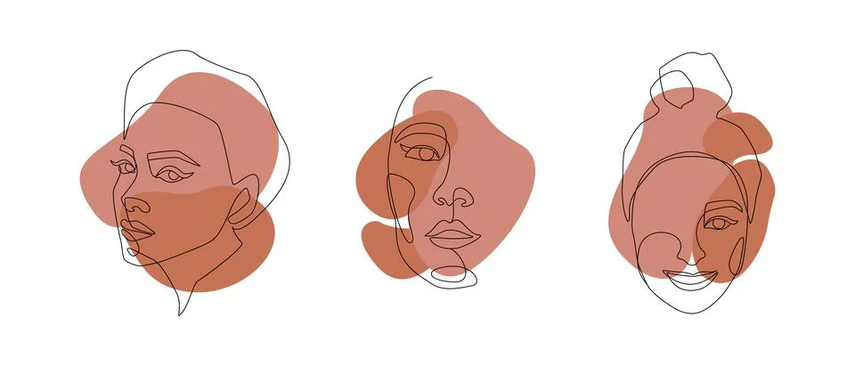 Set of Womens faces one continuous line drawing. Minimalist abstract female Stock Illustration
