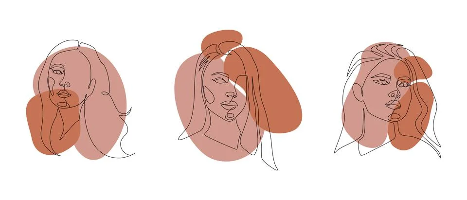 Set of Womens faces one continuous line drawing. Minimalist abstract female Stock Illustration