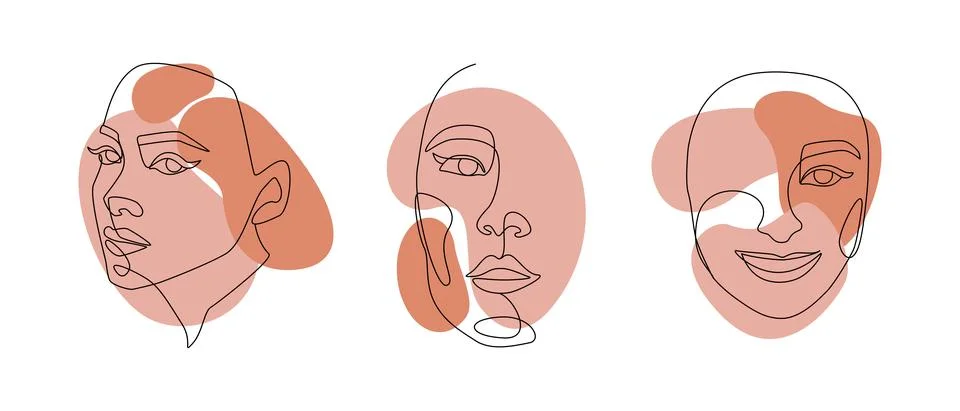 Set of Womens faces one continuous line drawing. Abstract elegance females Stock Illustration