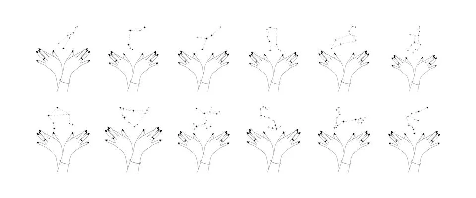 Set of Womens hands with zodiac constellation in simple line art style. Outline Stock Illustration