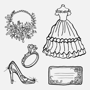 A set of women's wedding attributes. Vector illustration in style a freehan.. Stock Illustration