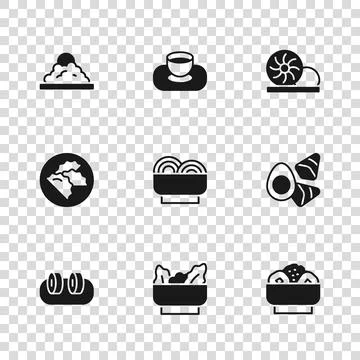 Set Wonton, Chicken egg with vegerables, Chow mein plate, Asian noodles bow.. Stock Illustration