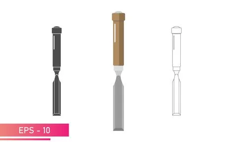 Set, Wood chisel, icon. Lines, solid, realistic design. On a white background Stock Illustration