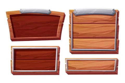 Set Wood panel with metal border, frame menu in cartoon style isolated on white Illustrazione stock
