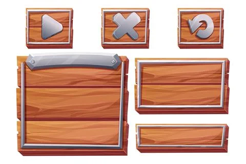 Set Wood panel with metal border, frame menu in cartoon style isolated on white Illustrazione stock