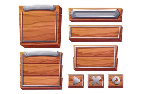 Set Wood panel with metal border, frame menu in cartoon style isolated on white Ilustración de archivo