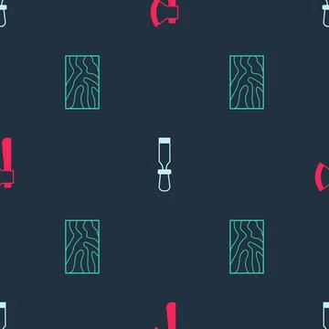 Set Wooden axe, Chisel tool and beam on seamless pattern. Vector Illustrazione stock