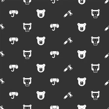 Set Wooden axe, Monkey, Elephant and Bear head on seamless pattern. Vector Stock Illustration