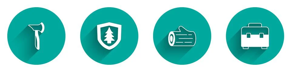 Set Wooden axe, Shield with tree, log and Toolbox icon with long shadow. Vector Stock Illustration