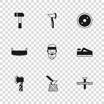 Set Wooden axe in stump, plane tool, Metallic nail, Lumberjack, Circular sa.. Stock Illustration