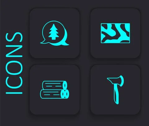 Set Wooden axe, Tree, beam and log icon. Black square button. Vector イラスト素材