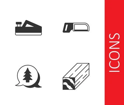 Set Wooden beam, plane tool, Tree and Hacksaw icon. Vector Stock Illustration
