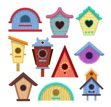 Set of wooden bird house set collection of different shapes with cartoon st.. Stock Illustration