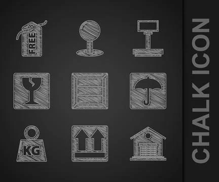 Set Wooden box, This side up, Warehouse, Umbrella, Weight, Fragile broken g.. Ilustración de archivo