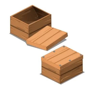 A set of wooden boxes with lids isolated on white background. Vector cartoon Stock Illustration