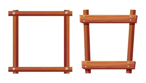 Set wooden frames borders from planks with rope and nails. Wood boards, brown Illustrazione stock