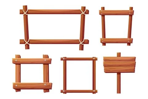 Set wooden frames borders from planks with rope and nails. Wood boards, brown Stock Illustration